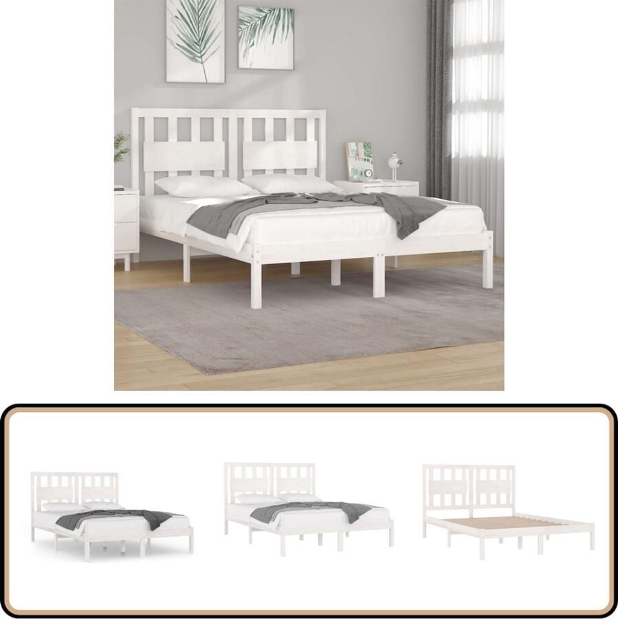 VidaXL Bedframe Grenenhout Wit 150x200 cm King Size Bed Massief Hout Bed Grenenhout Bed Wit Bed Boxspring Bed Hoofdbord