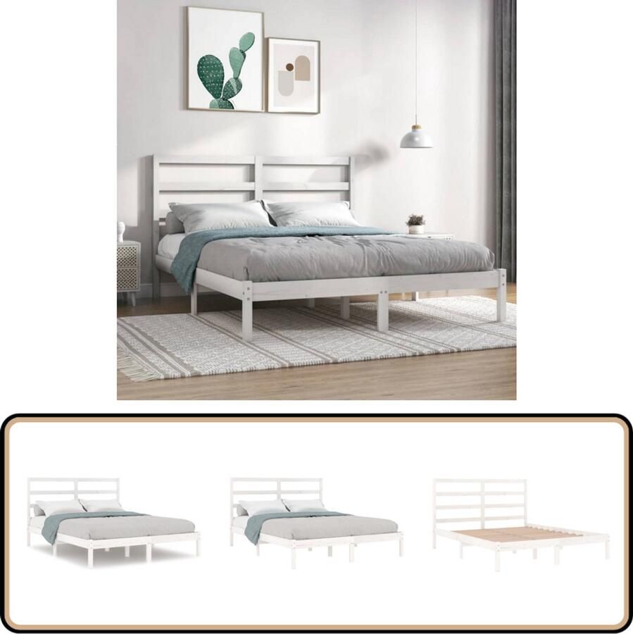VidaXL Bedframe Grenenhout Wit 160x200 cm Houten Bed Frame Tweepersoons Bed Wit Bed Modern Bed Frame Massief Hout