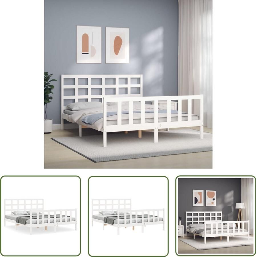 VidaXL Bedframe Grenenhout Wit 160x200 cm Massief Hout Bed Frame Grenenhouten Bed Tweepersoons Bed Witte Bed Met Hoofdeind