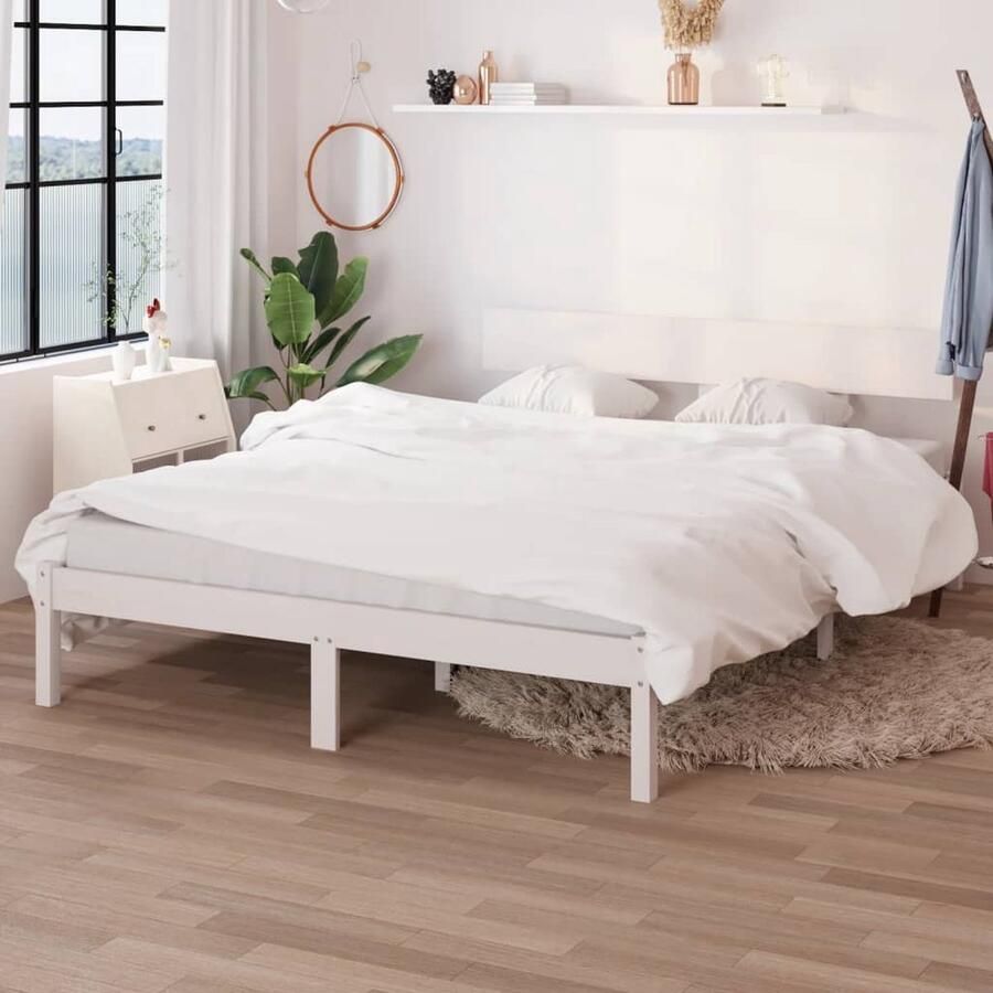 VidaXL Bedframe Grenenhout Wit 160x200 cm Massief Hout Bed Houten Bedframe Bed Kopen Tweepersoons Bed Wit Bed Met Hoofdeinde Slaapkamers - Foto 2