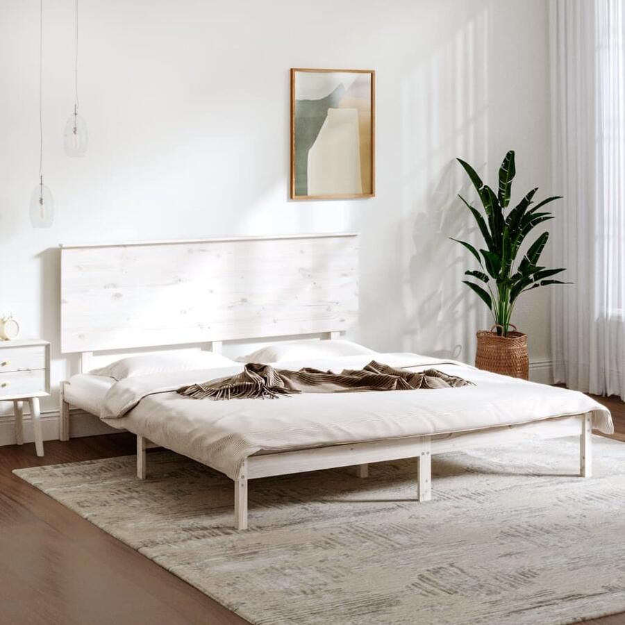 VidaXL Bedframe Grenenhout Wit 200x200 cm Houten Bed Frame Tweepersoons Bed Wit Bed Frame Modern Bed Frame Grenenhout Bed Frame Bed Frame Met Hoofdeinde - Foto 2