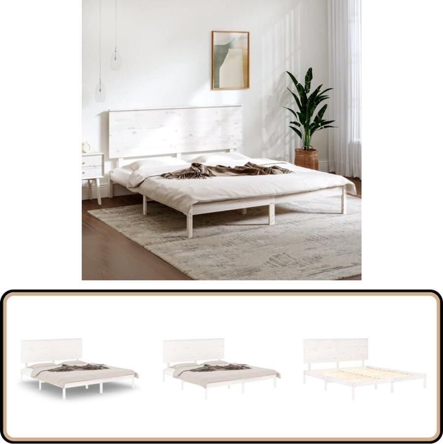 VidaXL Bedframe Grenenhout Wit 200x200 cm Houten Bed Frame Tweepersoons Bed Wit Bed Frame Modern Bed Frame Grenenhout Bed Frame Bed Frame Met Hoofdeinde