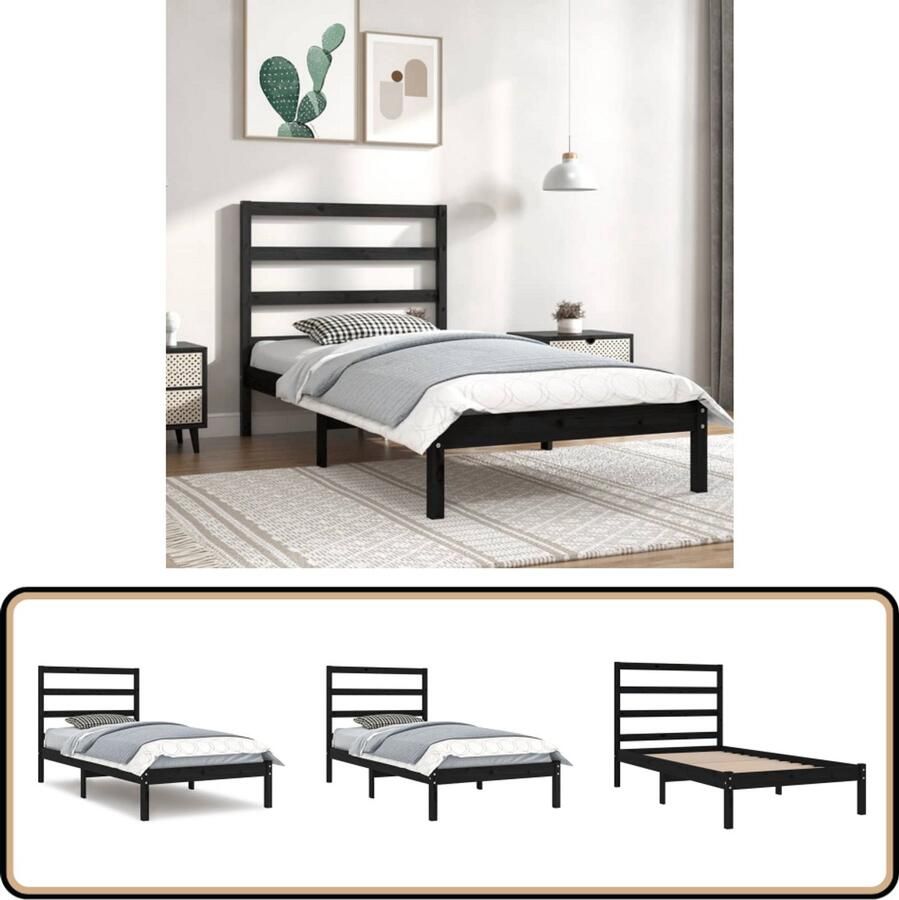 VidaXL Bedframe Grenenhout Zwart 100x200 cm Houten Bed Frame Tweepersoons Bed Zwarte Bed Massief Hout Bed Modern Bed