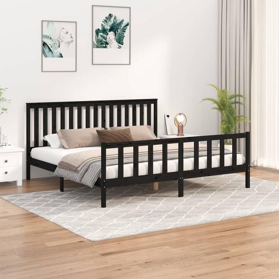 VidaXL Bedframe Grenenhout Zwart 200x200 cm Klassieke Houten Bedframe Massief Grenenhout Bedframe Zwart King Size Bed Hoofdbord Stapelbare Boxspring - Foto 2