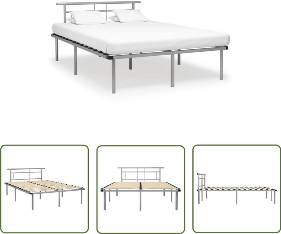 VidaXL Bedframe Grijs 160x200 cm Metaal Metalen Bedframe Tweepersoonsbed Grijze Bedbank Slaapkamer Meubilair Boxspring Frame Hoofdbord Bedstede Design Bed Modern Bed