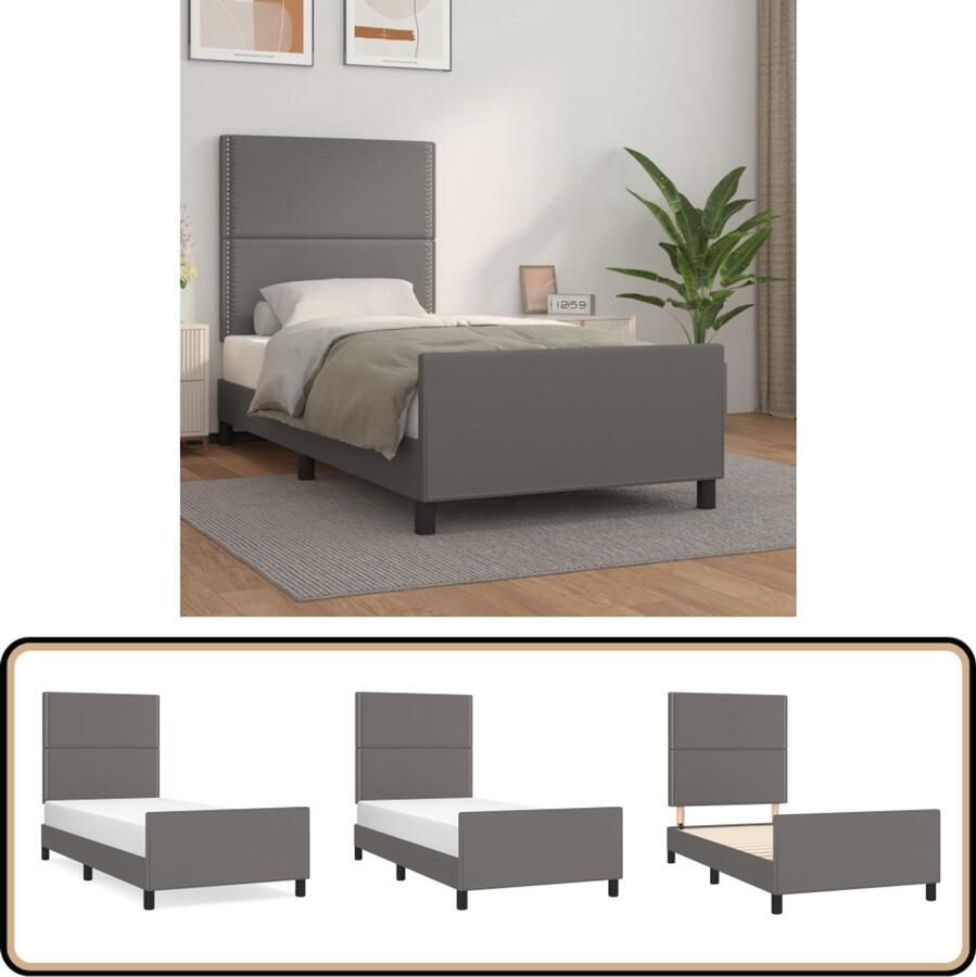 VidaXL Bedframe Grijs 90x200 cm Kunstleer Bed Frame Houten Bed Kunstleder Bed Tweepersoons Bed Hoofdbord Boxspring Design Bed Modern Bed Grijs Bed