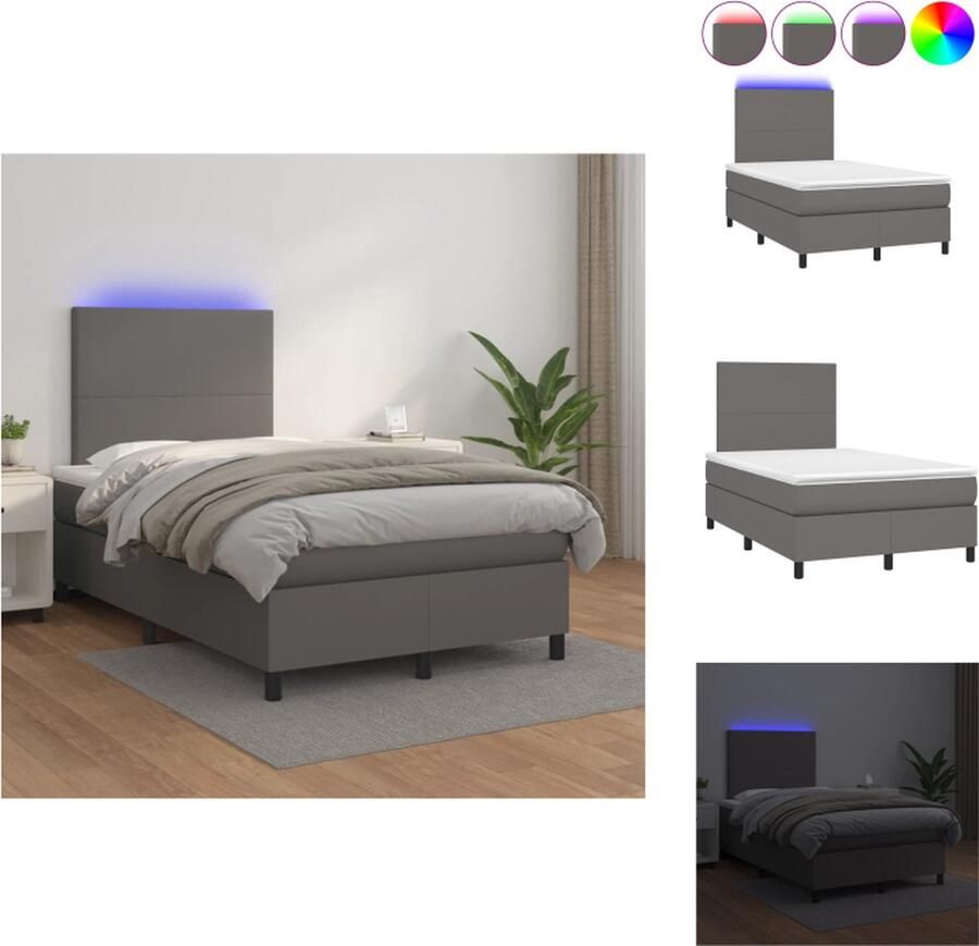 VidaXL Boxspring Bed Grijs Kunstleer 203 x 120 x 118 128 cm Verstelbaar hoofdbord Kleurrijke LED-verlichting Pocketvering matras Huidvriendelijk topmatras Inclusief montagehandleiding en LED-strip Bed - Foto 2