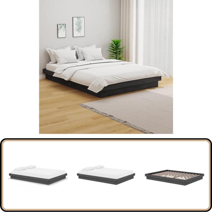 VidaXL Bedframe grijs massief hout 140x190 cm Houten Bed Frame Bed Frame Grijs Tweepersoons Bed Frame King Size Bed Frame Boxspring Frame Houten Meubels Slaapkamer Decoratie
