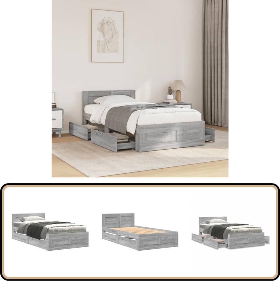 VidaXL Bedframe Grijs Sonoma 90x200 cm Slaapcomfort Houten Bed Frame Tweepersoons Bed Boxspring Bed Opberglade