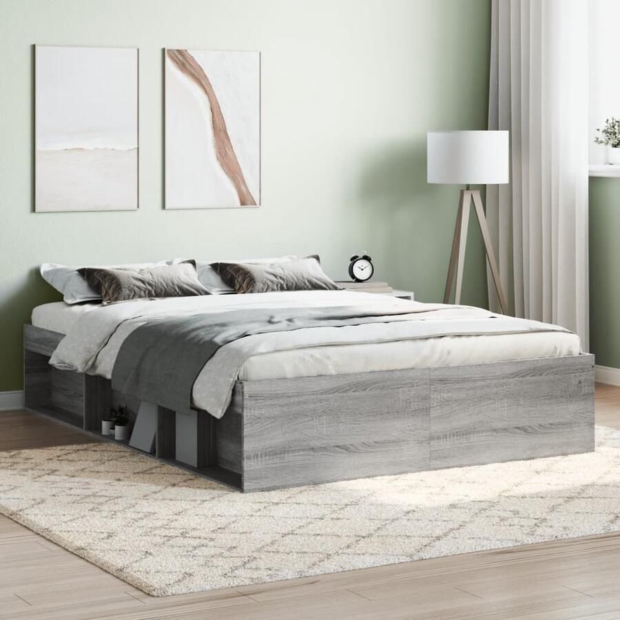 VidaXL Bedframe Grijs Sonoma Eiken 135x190 cm Modern Bed Frame Slaapkamers Houten Bedframe Grijze Bedframe Dubbele Bed Zonder Matras Grenoblehouten Bed - Foto 2