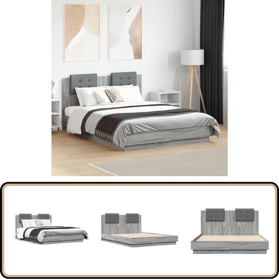 VidaXL Bedframe Grijs Sonoma Eiken 135x190 cm Slaapcomfort Houten Bed Frame Bed Met Hoofdbord Boxspring Bed Tweepersoons Bed King Size Bed Modern Bed Minimalistisch Bed Grijze Bed