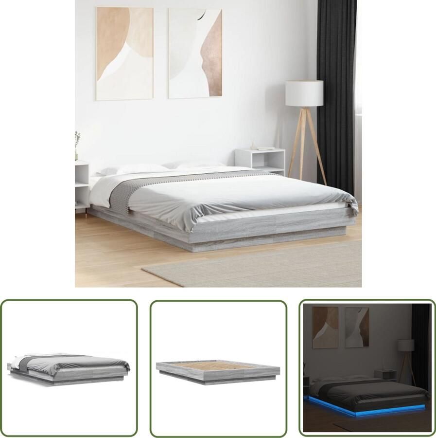 VidaXL Bedframe Grijs Sonoma Eiken 140x200 cm LED Bed Frame Grijs Bed Frame Houten Bed Frame Bedroom Furniture Led Lighting Bed