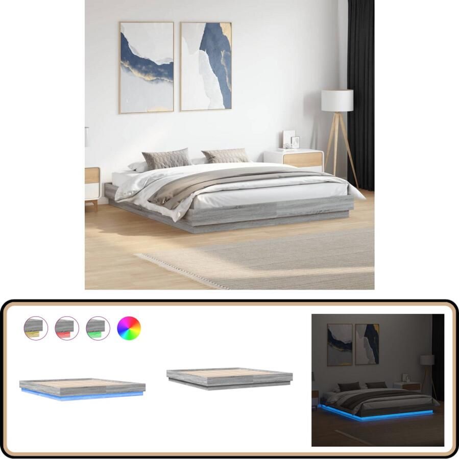 VidaXL Bedframe Grijs Sonoma Eiken 180x200 cm Slaapcomfort Led Lampjes Houten Bed Frame Tweepersoons Bed Grijs Bed