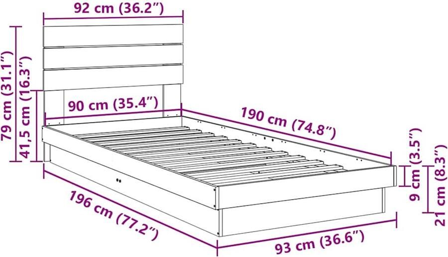 VidaXL Bedframe hoofdeinde zonder matras 90x190 cm massief hout eiken - Foto 3
