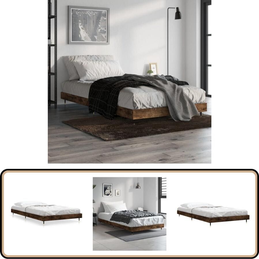 VidaXL Bedframe Hout & Metaal 100x200 cm Bed Frame Houten Bed Frame Tweepersoons Bed Bruine Bed Frame Gerookt Eiken Multipex Lattenbodem