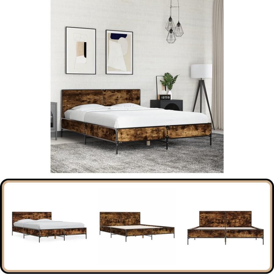 VidaXL Bedframe Hout & Metaal Gerookt Eiken 120x190 cm Bed Frame Houten Bed Tweepersoons Bed Boxspring Bed Slaapcomfort