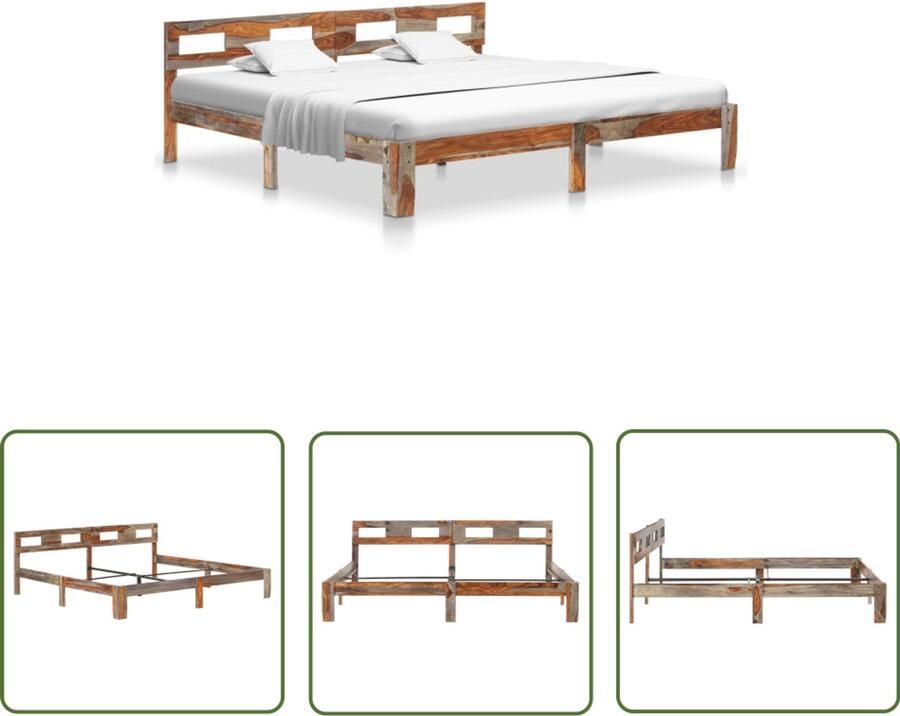 VidaXL Bedframe Hout & Staal 200x200 cm Grijs Massief Houten Bed Frame Sheeshamhouten Bed Tweepersoons Bed Grijs Bed Frame Modern Bed Frame Elegant Bed Frame King Size Bed