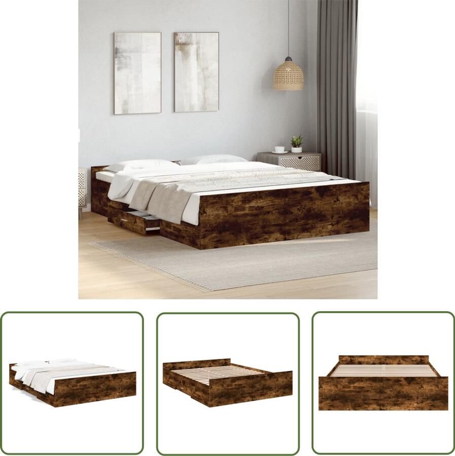 VidaXL Bedframe Hout Gerookt Eiken 150x200 cm Modern Bedframe Houten Bedframe Bed Met Lade Bruine Bedframe Slaapkamersdecoratie