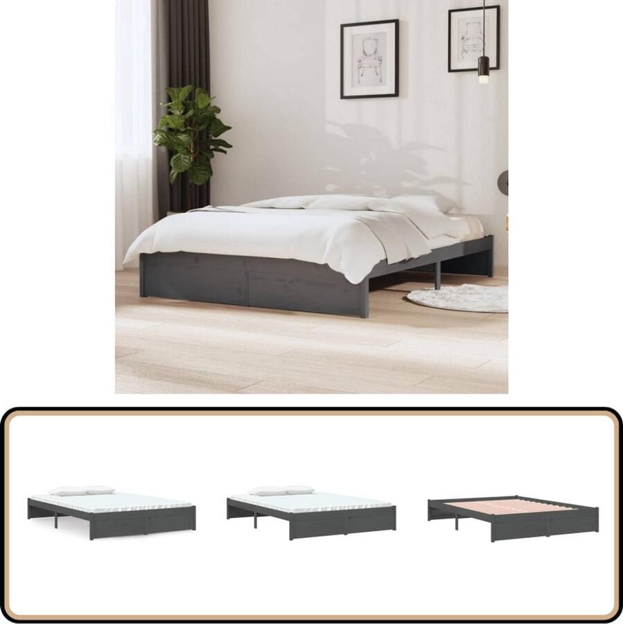 VidaXL Bedframe Hout Grijs 140x190 cm Houten Bedframe Massief Hout Bed Grijs Bed Slaapcomfort Modern Bed Stabiel Bedframe Lattenbodem