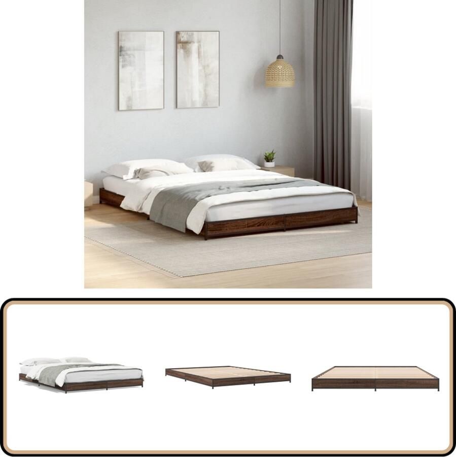 VidaXL Bedframe Hout Metaal Bruin Eiken 120x190 cm Bedframe Houten Bed Bedkast Tweepersoonsbed Slaapcomfort