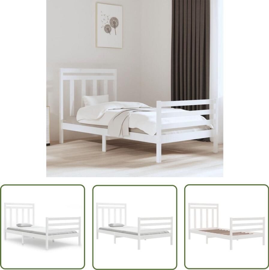 VidaXL Bedframe Hout Wit 100x200 cm Bed Frame Wooden Bed Single Bed White Bed Pine Wood Furniture Bedroom Furniture Headboard