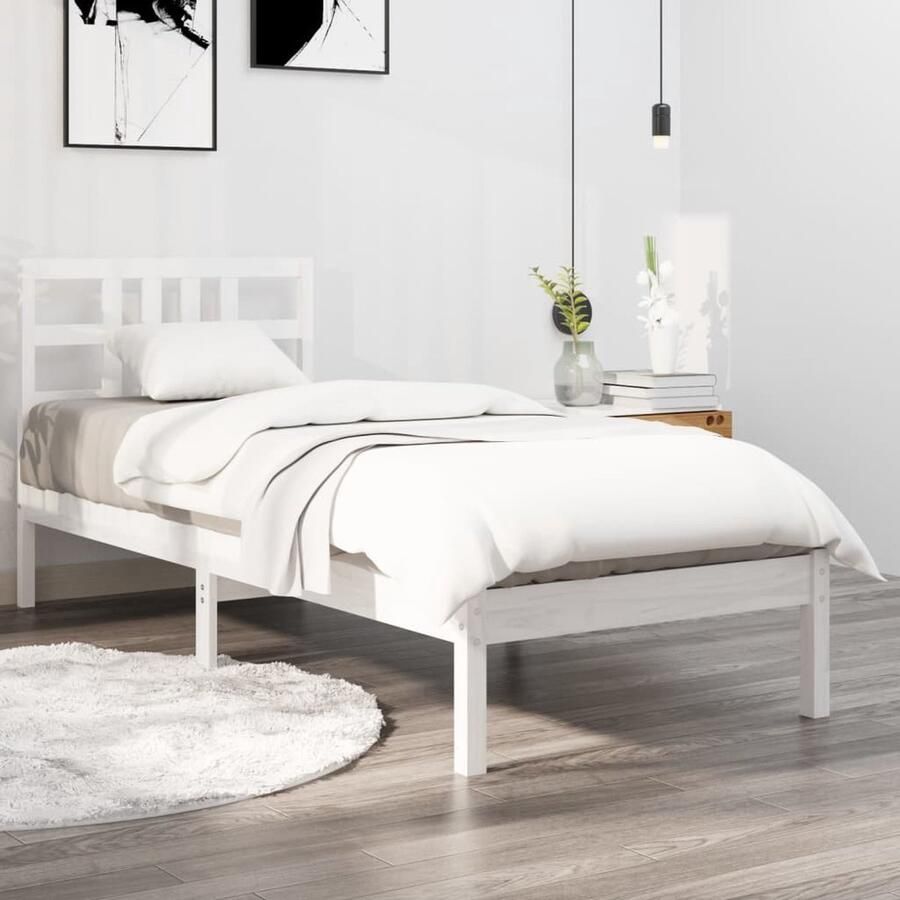 VidaXL Bedframe Massief Hout Wit 75x190 cm Houten Bed Frame Enkel Bed Witte Bedbank Massief Grenenhout Tweepersoonsslaapcomfort