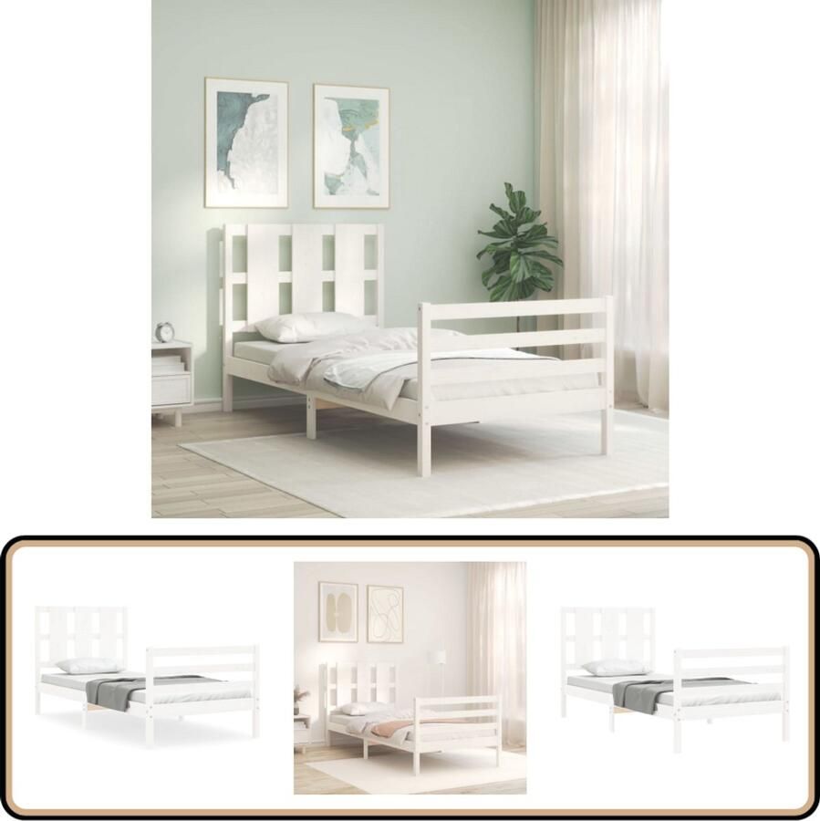 VidaXL Bedframe Hout Wit 90x200 cm Massief Grenenhouten Bed Frame Wit Bed Frame Eenpersoons Bed Frame Met Hoofdbord Houten Bed Frame