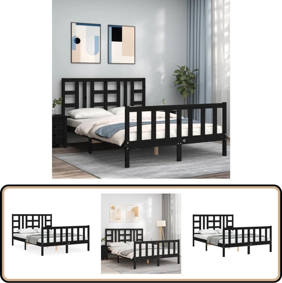 VidaXL Bedframe Hout Zwart 140x190 cm Massief Grenenhouten Bed Frame Zwarte Bed Frame Tweepersoons Bed Frame Hoofd- En Voeteneind Multipex Lattenbodem