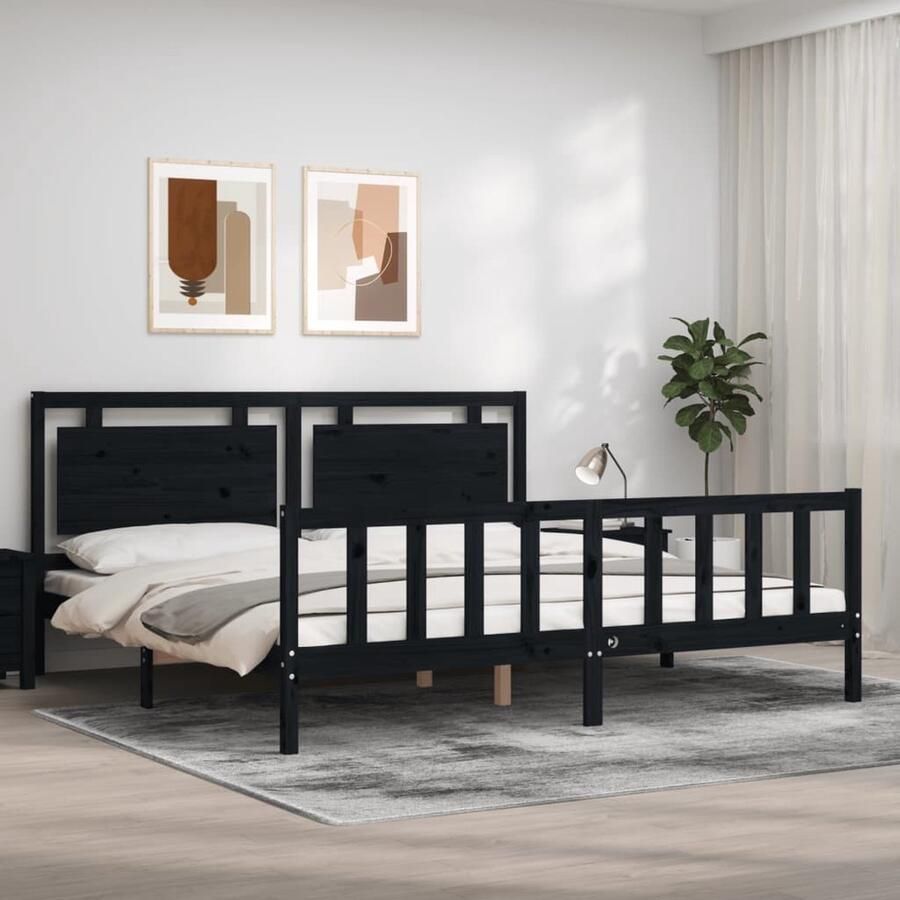 VidaXL Bedframe Hout Zwart 200x200 cm Massief Grenenhouten Bed Frame Zwarte Bedpost Tweepersoons Bed Hoofd- En Voetbord Multipex Lattenbodem Slaapkamer Meubels - Foto 2