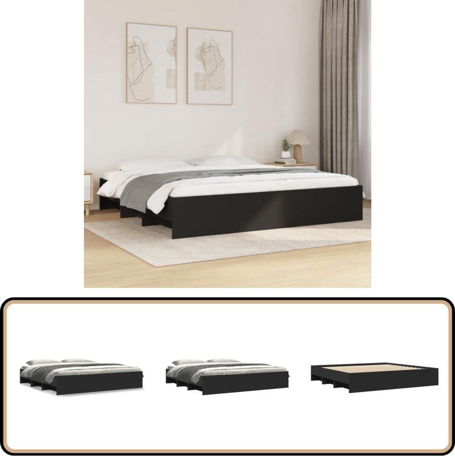The Living Store Bedframe massief hout zwart 200x200 cm Slaapcomfort Houten Bedframe Tweepersoons Bed Boxspring Bed Lattenbodem