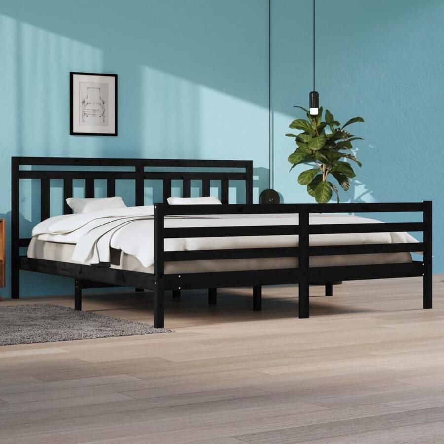 VidaXL Bedframe Hout Zwart 200x200 cm Zweepslaken Tweepersoons Bed Houten Bed Frame Massief Grenenhout Bed Zwarte Bedbank Boxspring King Size Bed - Foto 2
