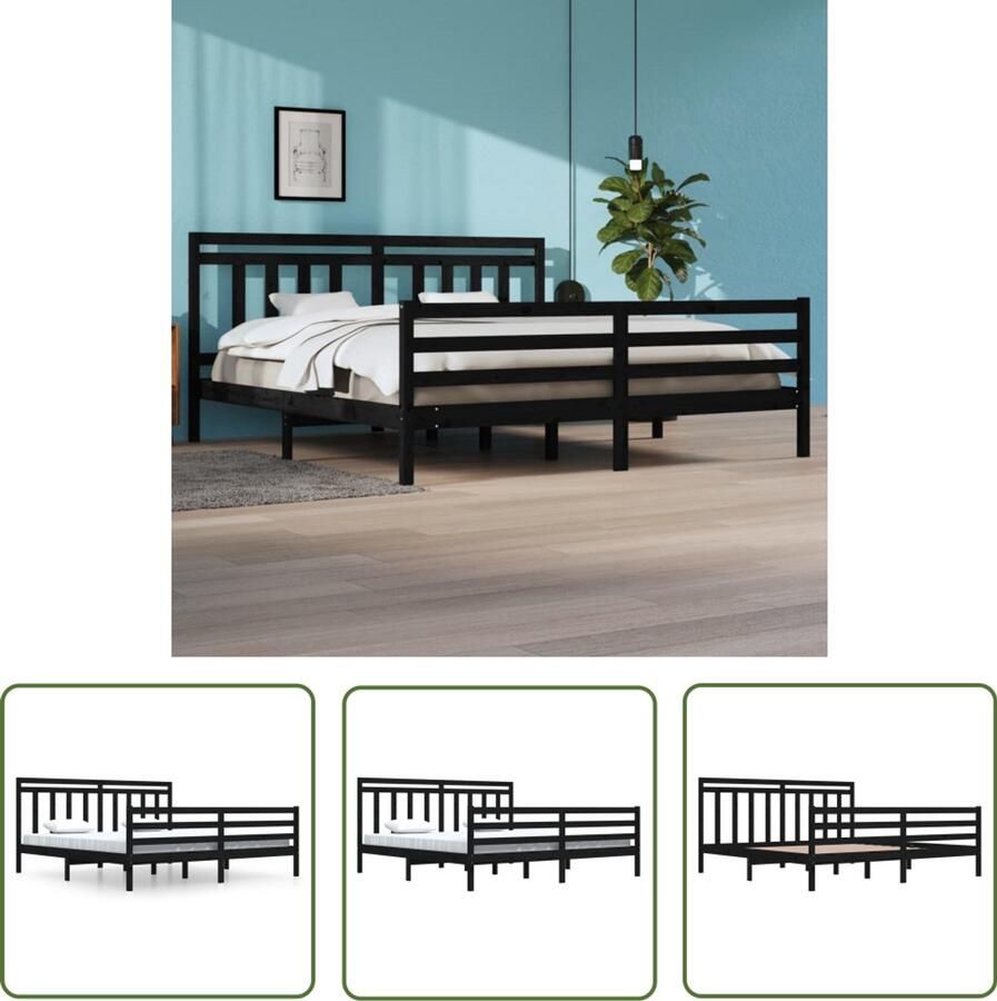 VidaXL Bedframe Hout Zwart 200x200 cm Zweepslaken Tweepersoons Bed Houten Bed Frame Massief Grenenhout Bed Zwarte Bedbank Boxspring King Size Bed