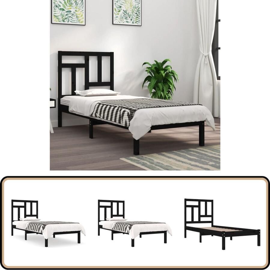 VidaXL Bedframe Hout Zwart 75x190 cm Houten Bedframe Massief Hout Bed Grenenhout Bed Zwart Bed Enkel Bed Klein Tweepersoonsbed