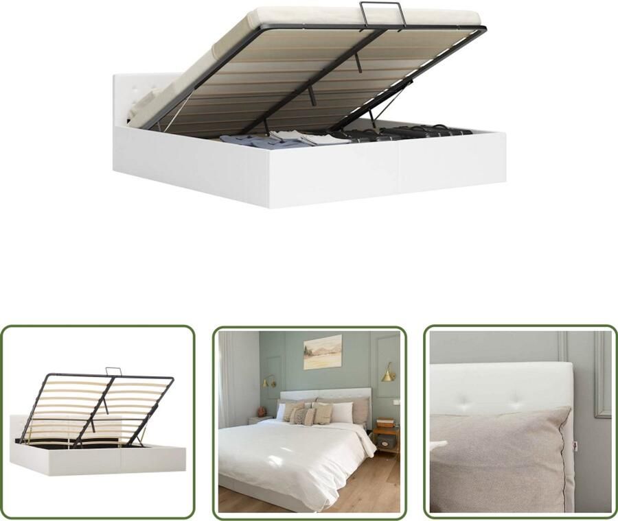 VidaXL Bedframe Hydraulisch Kunstleer Wit 180x200 cm Hydraulisch Bedframe Kunstleder Bed Boxspring Bed Opbergbed Tweepersoonsbed Witte Bed Slaapkamers Meubilair