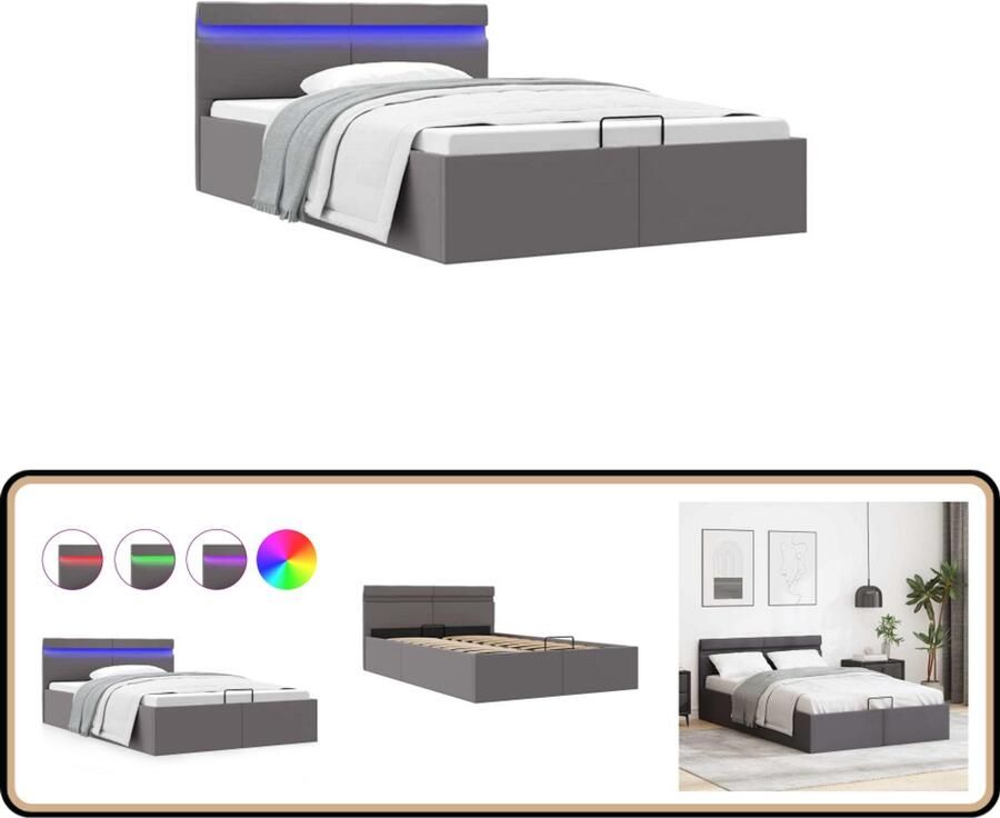 VidaXL Bedframe Hydraulisch LED Grijs 120x200cm Kunstleder Bed Hydraulisch Bed Led Bed Boxspring Bed Tweepersoonsbed Slaapkamers Meubels Grijze Bed
