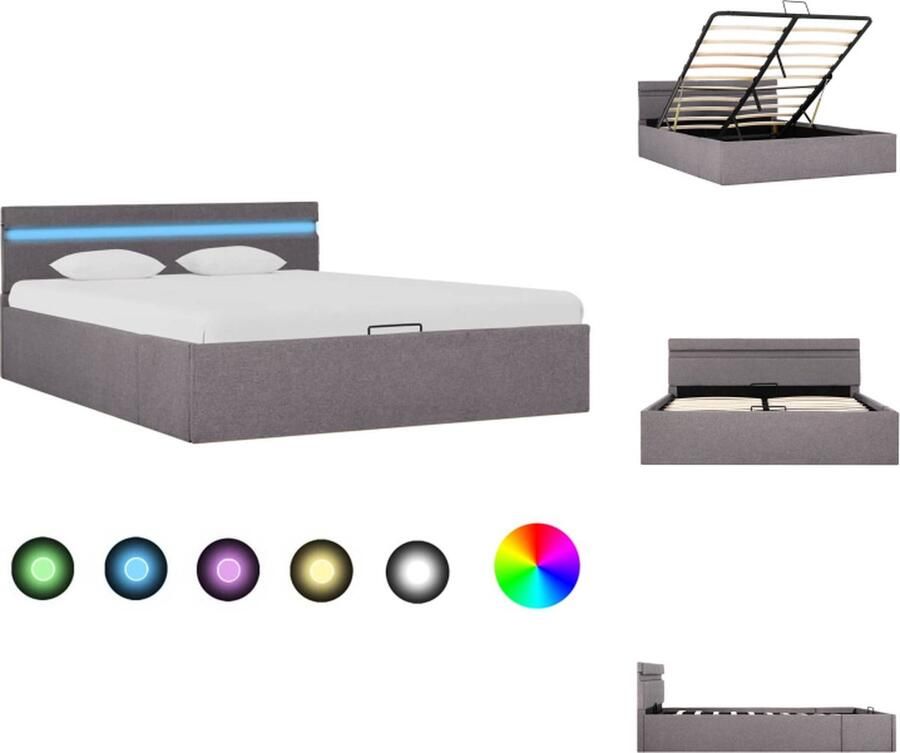 VidaXL Bedframe Hydraulisch Taupe 211x128x73 cm Opbergvak LED-strip Geschikt voor Matras 120x200 cm Met Afstandsbediening MDF-Frame Stoffen Bekleding Bed - Foto 2