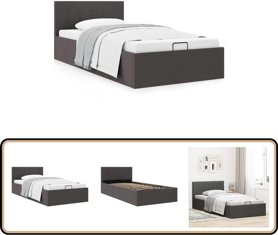 VidaXL Bedframe Hydraulische opslag 100x200 cm Stof Bedframe Hydraulisch Bed Eenpersoonsbed Donkere Grijze Bed Opbergbed