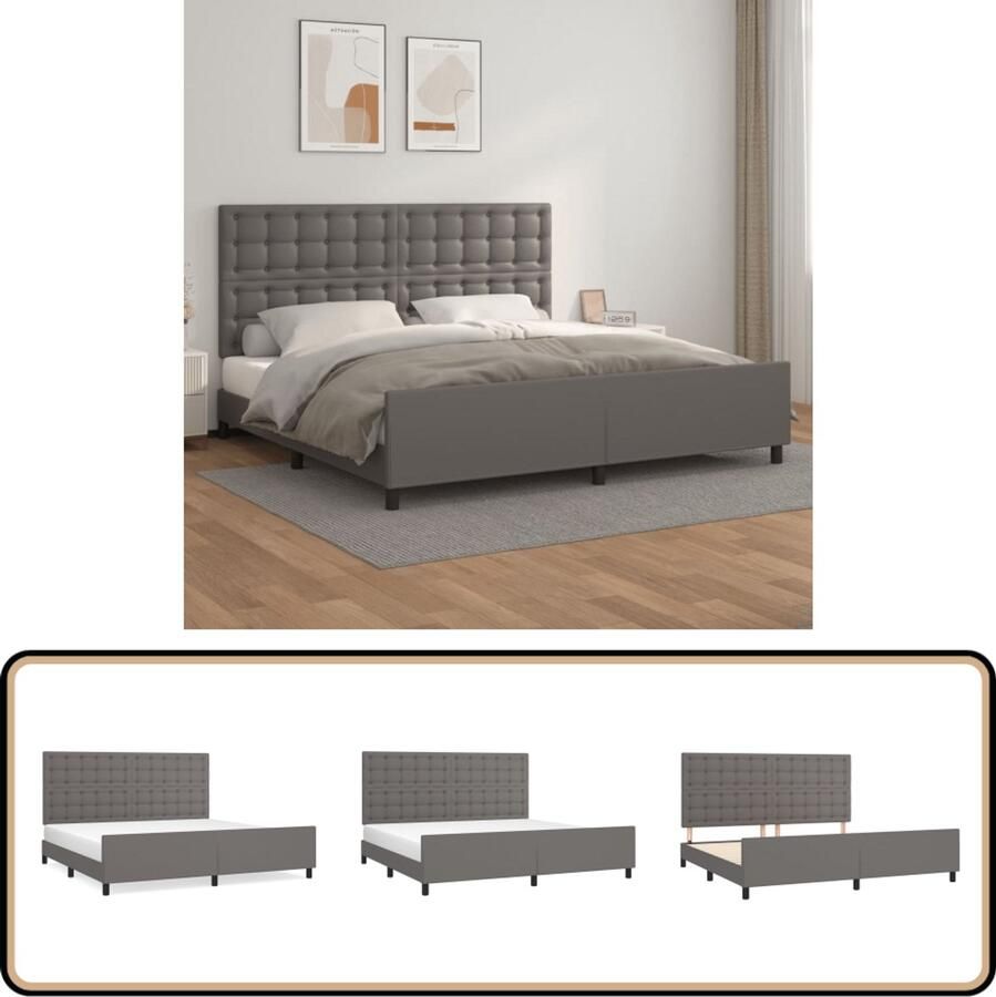 VidaXL Bedframe Kunstleer Grijs 200x200 cm Bed Frame Boxspring Hoofdbord Kunstleder Grijs Tweepersoonsbed Multipex Lattenbodem