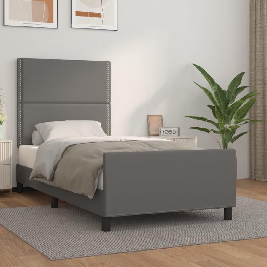 VidaXL Bedframe Grijs 90x200 cm Kunstleer Bed Frame Houten Bed Kunstleder Bed Tweepersoons Bed Hoofdbord Boxspring Design Bed Modern Bed Grijs Bed - Foto 2