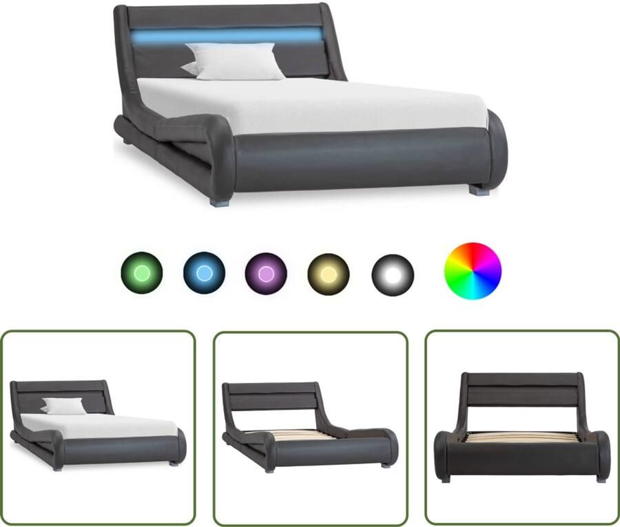 VidaXL Bedframe Kunstleer LED Grijs 100x200 cm Kunstleder Bed Bedframe Grijs Tweepersoons Bed Led Verlichting Bed Modern Bed Minimalistisch Bed