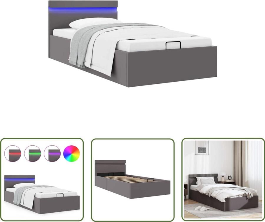 VidaXL Bedframe Kunstleer LED Grijs 90x200 cm Kunstleder Bed Slaapkamersdecoratie Led Verlichting Bed Boxspring Bed Opbergbed Tweepersoons Bed Enkelpersoons Bed Minimalistisch Bed