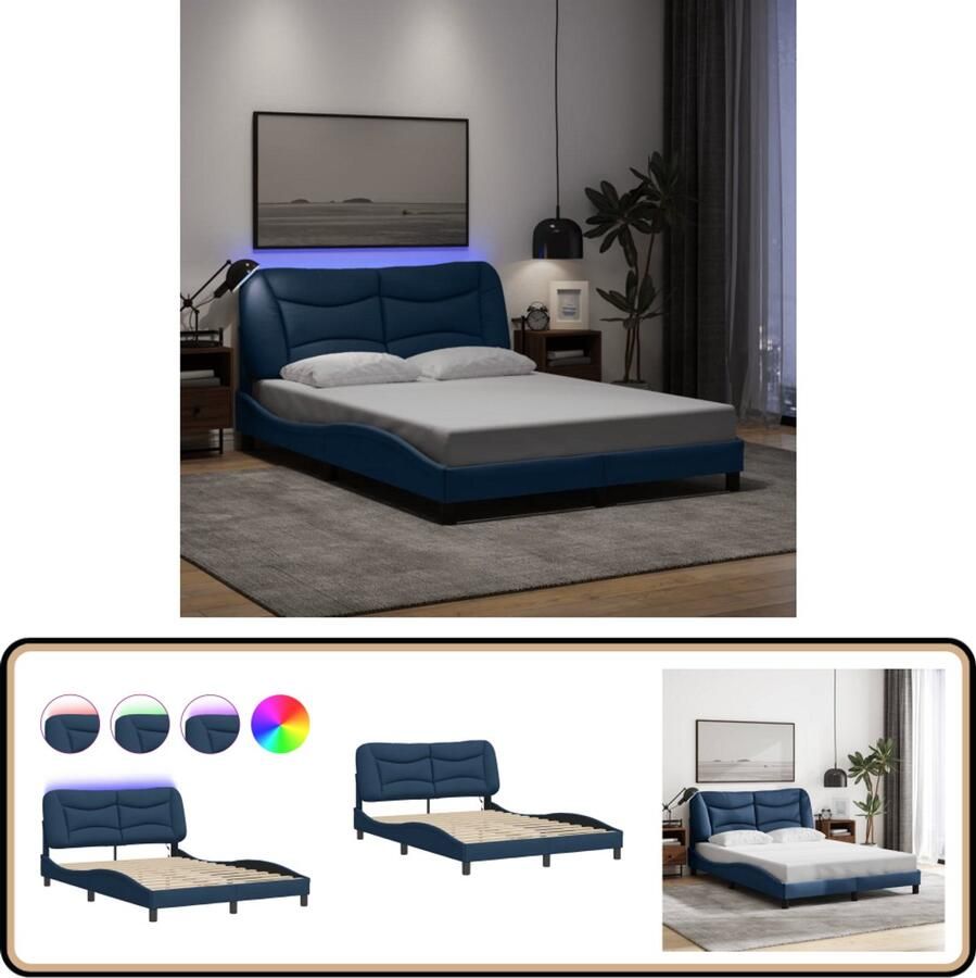 VidaXL Bedframe LED 140x200 cm Inclusief Hoofdbord Blauw Bed Frame Led Verlichting Tweepersoonsbed Blauwe Bedbank Stof Bedframe Comfortabel Bed Design Bed Modern Bed
