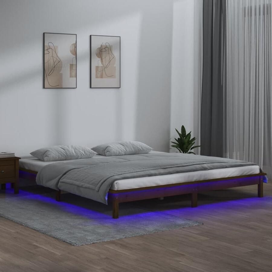 VidaXL Bedframe LED 200x200 cm Massief Hout Houten Bedframe Led Verlichting Massief Grenenhout Honigbruin Tweepersoonsbed Slaapkamers - Foto 2