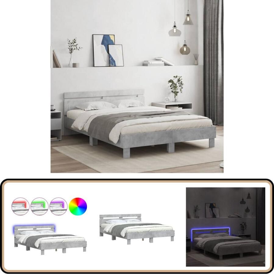 VidaXL Bedframe LED Betongrijs 150x200 cm Slaapcomfort Led Bed Frame Houten Bed Tweepersoons Bed Grijs Bed Betonnen Grijze Bed Boxspring Bed King Size Bed Design Bed Modern Bed Comfortabel Bed