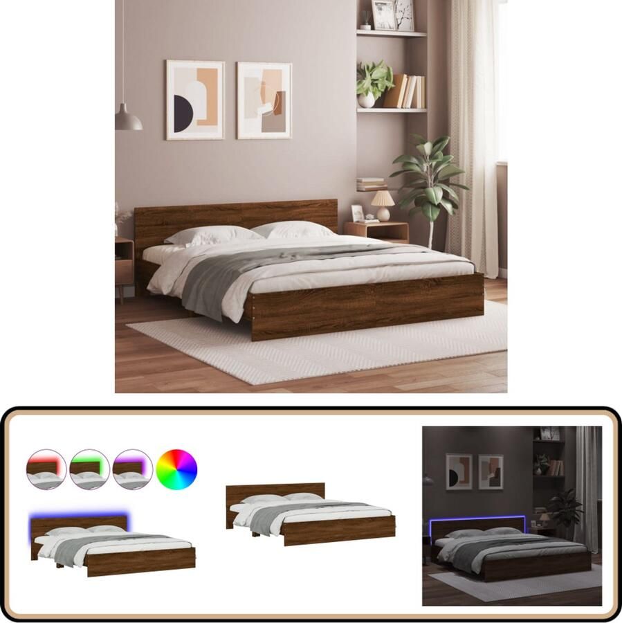 VidaXL Bedframe LED Bruin Eiken 180x200 cm Slaapcomfort Houten Bed Frame Led Lampjes Tweepersoons Bed Boxspring Bed Bruin Bed Design Bed Modern Bed Rustig Slapen Relaxen Bedroom Decor