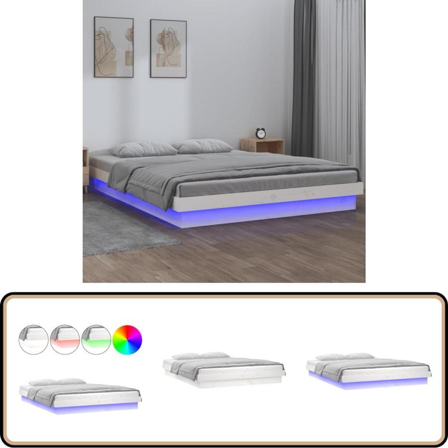 VidaXL Bedframe LED Hout Wit 150x200 cm Led Bedframe Grenenhouten Bed King Size Bed Wit Bed Led Verlichting Bed Usb Aansluiting Bed