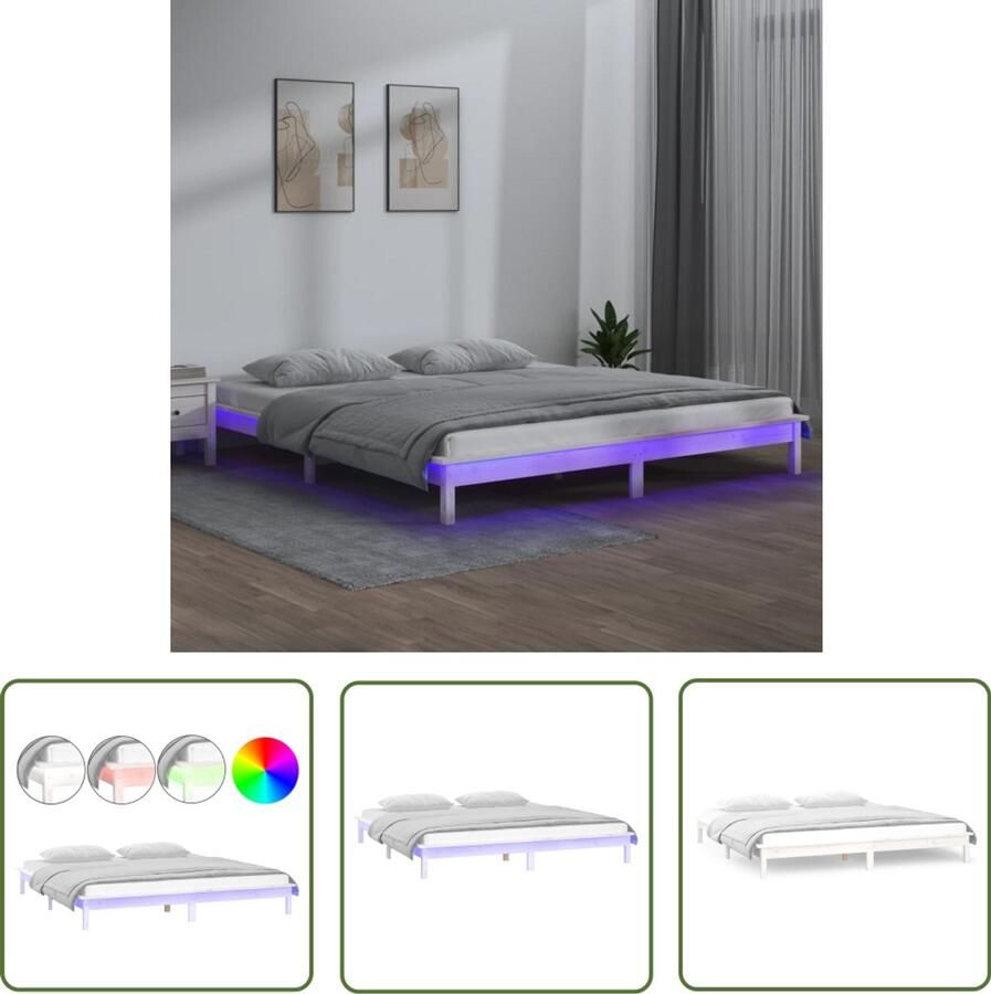 VidaXL Bedframe LED Hout Wit 160x200 cm Houten Bedframe Led Verlichting Tweepersoons Bed Wit Bedframe Grenenhout Bed Bedroom Furniture