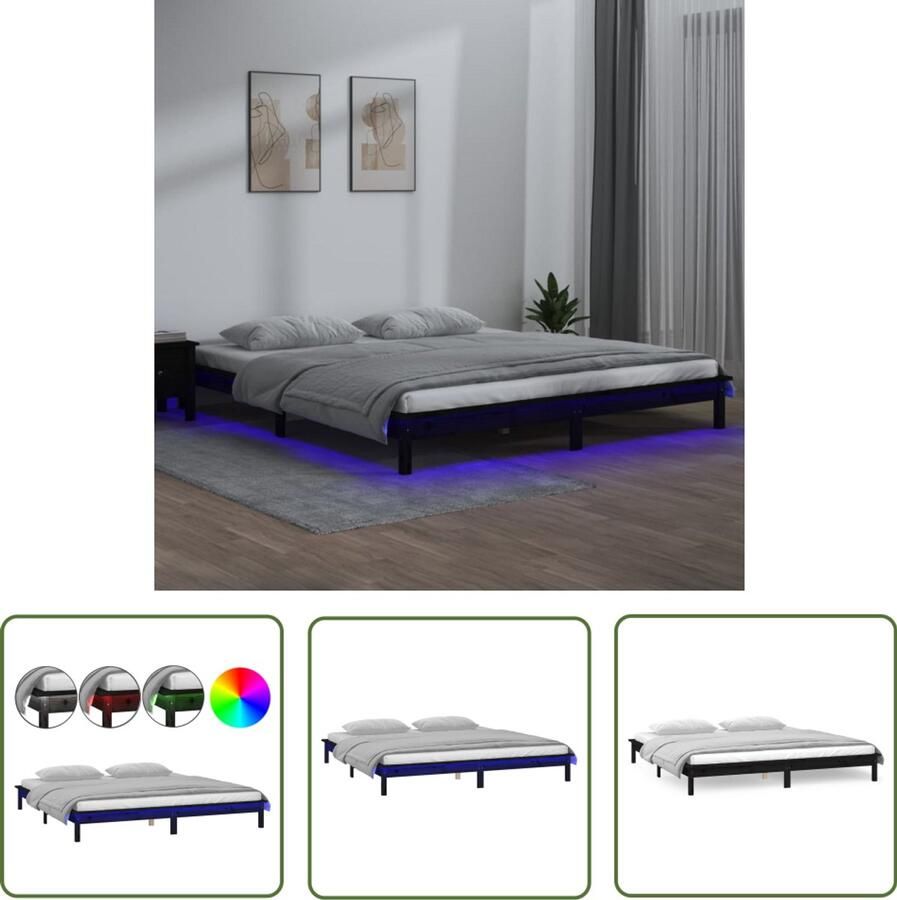 VidaXL Bedframe LED Hout Zwart 120x190 cm Houten Bedframe Led Verlichting Grenenhout Zwart King Size Tweepersoonsbed Slaapkamers