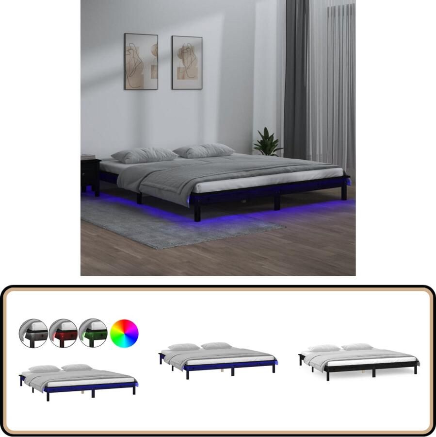 VidaXL Bedframe LED Hout Zwart 140x190 cm Houten Bedframe Led Verlichting Grenenhout Stapelbaar Bed Tweepersoons Bed King Size Bed Slaapkamers