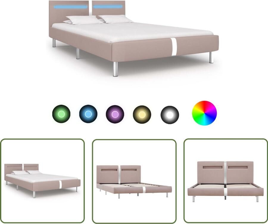 VidaXL Bedframe LED Kunstleer Cappuccino 120x200 cm Led Bedframe Kapstok Slaapkamer Meubels Bedkap Tweepersoonsbed Beige Bed Metal Bed Frame Modern Bed
